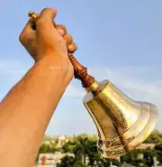 11" Vintage Hand Bell Nautical Large Brass and Wood School Hand Bell