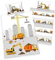 Arle-Living 3-Piece Baby Bed Linen Reversible Motif Construction Vehicles Renforcé 100 x 135 cm + 40 x 60 cm + 1 Fitted Sheet 70 x 140 cm (with Sheet: White, Renforcé)