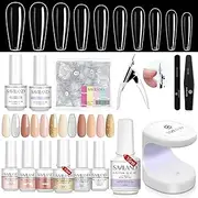 Saviland Nail Tips and Glue Gel Kit - 240PCS Long Coffin Nail Tips Base & Top Coat Pink Glitter Gel Nail Polish with U V Light Starter Acrylic Nail Extension Kit