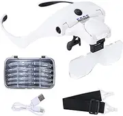 YOCTOSUN Magnifying Glasses with 4 LED Lights, Headband Magnifier with 5 Detachable Lenses 1X, 1.5X, 2X, 2.5X 3.5X -Rechargeable Hands Free Lighted Head Magnifier Glass for Crafts, Cross Stitch, Hobby