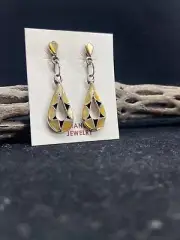 Native American Zuni inlay yellow gold lip shell sterling silver dangle earrings