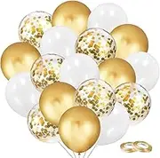 90Pcs Gold White Confetti Balloons, 12 Inches Gold Metallic Chrome Balloon, Premium Clear Confetti Balloons, Thicken Gold Glitter White Matte Latex Party Balloons for Balloon Garland Arch