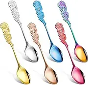 Perthlin 6 Pcs 5.3 Inch Rose Fancy Long Handle Spoons Stainless Steel Reusable Mini Coffee Dessert Stirring Spoons Set Creative for Stirring Espresso Tea Sugar Dessert Cake