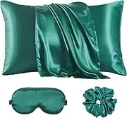 URLINENS Satin Pillowcase for Hair and Skin, Vegan Silk Set-2 Pillowcases, 1 Eye Mask, Scrunchie-Luxury Sleep Set, Dark Green Pillow Cases Standard Size with Envelope Closure, Standard(20''x26'')