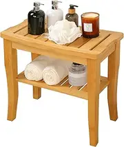 VVW 19 Inch 2-Tier Bamboo Shower Bench Bathroom Bench Seat with Storage Shelf, 2-Tier Wooden Spa Seat Bath Stool for Adults Women Elderly Seniors Wood Shower Chair for Bathtub or Small Spaces(Beige)