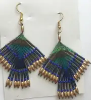 Peacock Feather Gold and Iridescence Beaded Earrings