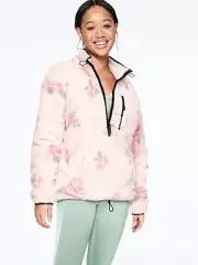 VS VICTORIAS SECRET PINK TEDDY HALF ZIP SWEATER JACKET TOP COCONUT WHITE ROSES S