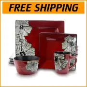 Microwave & Dishwasher Safe 16-Piece Red Stoneware Dinner Set - Winter Bloom