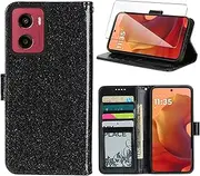 Wanglaism Motorola Moto G05 Case with 1 Pack Tempered Glass Screen Protector, Motorola Moto G05 Flip Leather Phone Case with Card Holder - Black