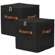 2PCS Storage Cubes with Lid Fabric Storage Bins Boxes PU Leather Handles Cott...