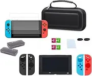 All in One Nintedo Switch Accessories Starter Kit,With Case+ 2 Tempered Glass Screen Protector+ 2 Silicone Case for Joy-con and Console and Thumb Grips Caps+Screen Wipe+Game Card Case