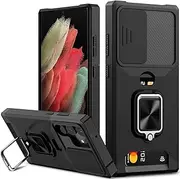 for Samsung Galaxy S21 Ultra Case, Galaxy S21 Ultra Case with [Card Holder] Camera Cover Built-in 360° Rotate Ring Stand Kickstand Magnetic Magnet Heavy Duty Protective Phone Case for S21 Ultra 6.8"