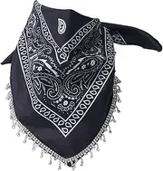 [Tadill] Bandana Scarf Headwrap Headband Multifunctional Women Men Square Scarf Novelty Cowboy Head Wraps Disco Fringed Bandana, Black