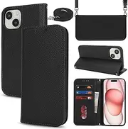Cavor Crossbody Wallet for iPhone 15 6.1'' Case Litchi Pattern Flip PU Leather Magnetic Shoulder Lanyard with Card Slots Kickstand Protective Cover for Woman Man-Long Strap Black