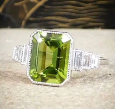 2.54 Ct Octagon Cut Natural Peridot Diamond Engagement Ring 14K solid White gold