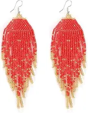 [Luluping] Long Beaded Tassel Earrings – Large Bohemian Native Statement Bead Dangle Earrings for Women, Big Boho Statement Handmade Beaded Drop Fringe Earrings