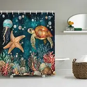 Shower Curtain with Hooks 180cm180cm(7070) Polyester Machine Washable Waterproof Ocean Turtle Beach Landscape Pattern