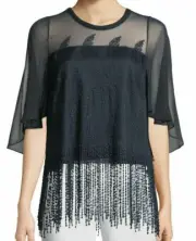 NWT ELIE TAHARI XS NOREEN FRINGE EMBROIDERED SHORT SLEEVE CHIFFON TOP NAVY