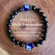 Natural 6mm Black Tourmaline Evil Eye Beads Empath Protection Stretch Bracelet