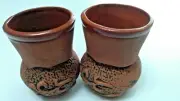 Handmade Vintage Clay Pottery Set of 2 Cups Mugs Terracotta with Ornaments