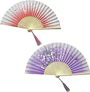 2PCS Folding Fans Folding Paper Fans Vintage Chinese Cloth Fans Silk Bamboo Fans or Dancing Party Wedding Decoration Women Gifts (D)
