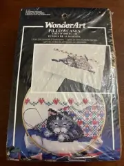 WonderArt Stamped Set of 2 Standard Pillowcases #1179 Sleepy Cat NIP