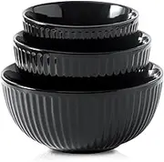 Hasense Porcelain Mixing Bowls of 3, Large Ribbed Black Bowls 1.5/1/0.5 Qt For Kitchen, Cooking, Baking and Serving Prep Bowls for Salad, Pasta, Modern Kitchen Dish Dishwasher & Microwave Safe, 246-B