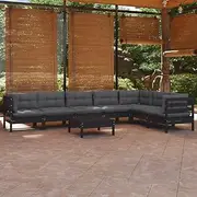 Patio Furniture Sets 8 Piece Garden Lounge Set with Cushions Black Solid Pinewood