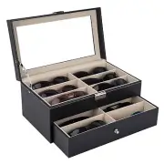 Leather Eyeglasses Sunglasses Storage Organizer Case 12 Piece Lockable Black