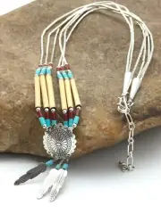 USA Concho Heishi Tubes 3 Strand Liquid Sterling Silver Navajo Necklace 4373