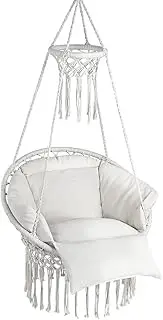Groverdi Hammock Hanging Swinging Chair with Oversized Cushion, Boho Swing Chair for Bedroom, Balcony, Porch, Kids, Adults, Cream