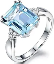 [FZO] Creative 925 Sterling Silver Womens Rectangle Sapphire Ring Shiny 18K Square Blue Gemstone Ring CZ Zirconia Diamond Topaz Ring Eternity Engagement Wedding Band Promise Cocktail Ring ST.331