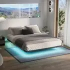 Full Size Floating Bed Frame with Charging Station and Led Lights, Metal Bed