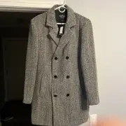 Boohoo Man Wool Blend Herringbone Double Breasted Overcoat