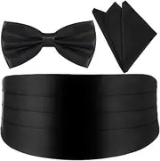 [JIYIN] Men's Cummerbund Bow Tie Set, Adjustable Black Tuxedo Cummerbund and Bow Tie Pocket Squares for Wedding Party Prom, Black, One Size