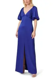 Aidan Mattox V- Neck Back Zipper Pleated Shoulders Short Sleeves Front Slit