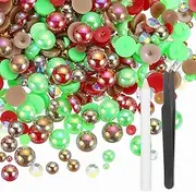 uxcell 50g Flatback Rhinestones, 3mm-10mm Mixed Rhinestones and Half Pearls with Pick Up Pen and Tweezer for Nail Art Crafts, Phone Case, Clothes DIY (Dazzling Red Green)