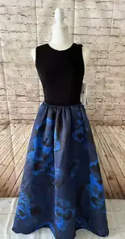 NWT SAKS AIDAN MATTOX Navy & Blue Floral Long Ball Gown Cap Sleeve Dress, size 6