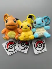 Lot 0f 3 - Pokemon Original Plush CHARMANDER, PIKACHU & SQUIRTLE w/POKEBALL CLIP