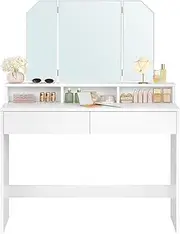 VASAGLE Dressing Table, Dress Table with Tri-Fold Mirror, Makeup Table with 2 Drawers and 3 Open Compartments, Vanity Table, Modern Style, White RDT115W01