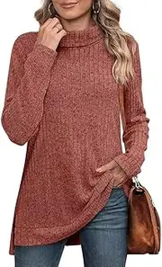 [ZPLxi] Women's Long Sleeve Tops Turtleneck Jumpers Fall Winter Vintage Sweaters 2025 Side Splits Tunic Tops (AU, Alpha, Small, Regular, Regular, Caramel)