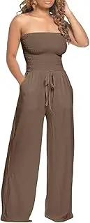 [Generic] Women's Strapless Jumpsuits Elastic High Waist Wide Leg Rompers Summer Loose Fit Beach Vacation Trendy Outfits Pocket