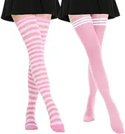 [AQOKKA] Extra Long Thigh High Socks for Women Long Cotton Boot Thigh High Stockings Striped Over Knee High Socks Leg Warmers, 2 Pairs Extra Long: Pink＆white, Pink With Stripe