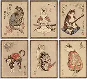NBYARTQ 6Pcs Japanese Samurai Cat Wall Art Prints of Posters Japan Bushido Decor Kung Fu Paintings Tattoo Funny Fantasy Photo Picture Canvas Poster Painting for Living Room Print Bedroom Home Artwork