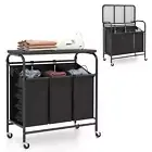 99L Rolling Laundry Hamper 3-Section Sorter Cart Basket Organizer Ironing Board