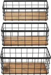 TIEYIPIN Farmhouse Decor Metal Wire Storage Baskets, Wood Base Containers