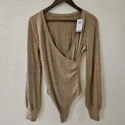 NWT Abercrombie & Fitch Soft Cozy Crossover Wrap Tan Light Brown Bodysuit Medium