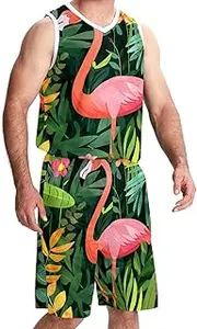 [KQNZT] Basketball Jerseys Shorts Sport Set, Basketball Jersey for Women, Athletic Shirts for Team Scrimmage, Tropical Jungle Cartoon Flamingo Flower Leaves