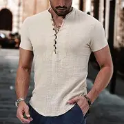 Men's Linen Shirt Band Collar Shirt Popover Shirt Summer Shirt Beach Wear Casual Shirt Plain Vacation Casual Black White Pink Wine Short Sleeve V Neck Summer C