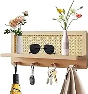 Générique Rattan Wall Shelf, Hangable Wooden Boho Shelves Wall Hook, 15.67 x 6.69 x 3.9 inches Farmhouse Decoration Rustic Panel Organizer, Nursery Bookshelves with Hooks for Entryway Study Room